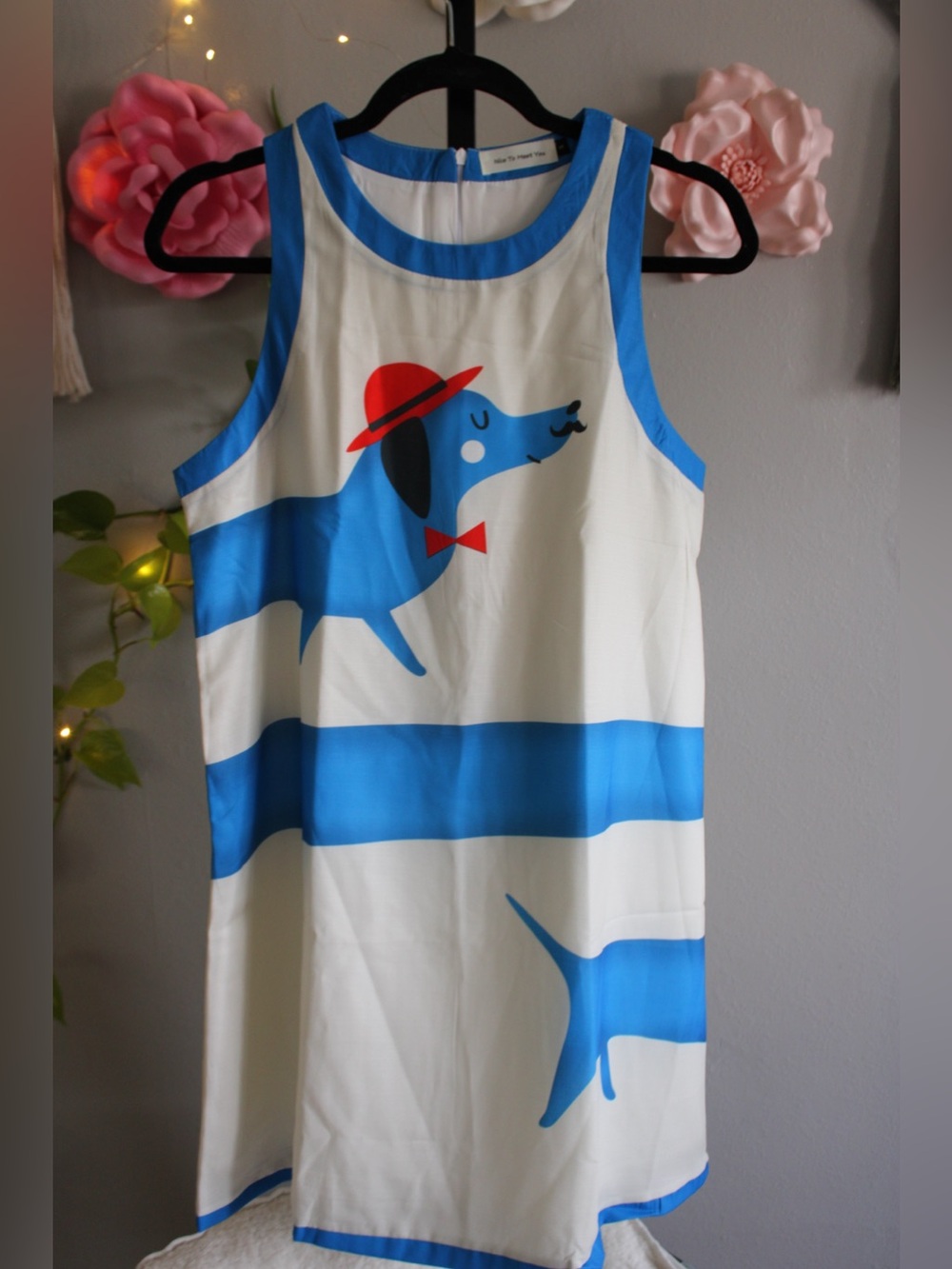 Blue Dachshund Stripe Shift Dress Size S Whimsical Dog Print